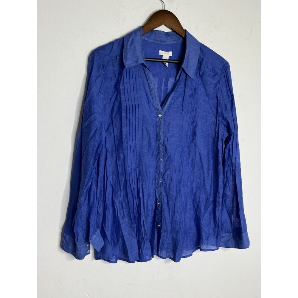 Chico's Gulf Blue Roll Tab Long Sleeve Button Down Sheer 2 L (13)